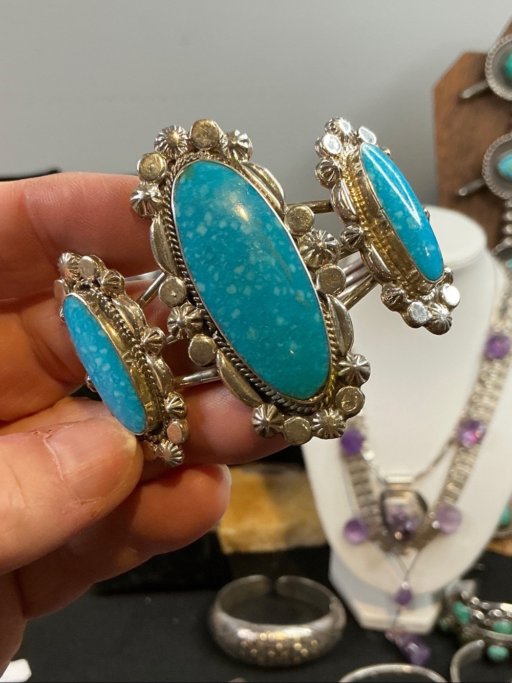Running Bear Turquoise Oval Statement Cuff Bracelet - Women Jewelry